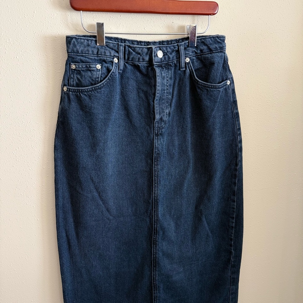 Topshop High Rise Denim Midi Skirt Dark Wash Pencil Size 8 - Picture 2 of 10